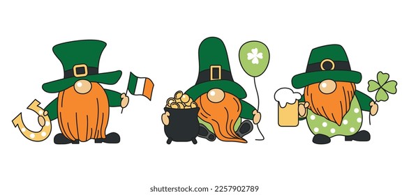 Irish bearded gnomes with shamrock, coins,  mug of beer, flag of Ireland and horseshoe
Happy St. Patrick's Day. Vector illustration isolated on white background