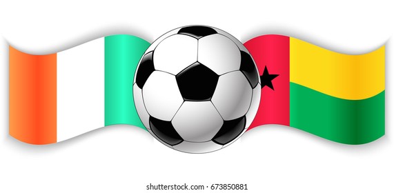 Irish and Bissau-Guinean wavy flags with football ball. Ireland combined with Guinea-Bissau isolated on white. Football match or international sport competition concept.