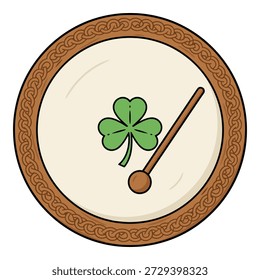 Tambor bodhran irlandés con intrincado patrón de nudo celta, con un trébol verde vibrante y una baqueta tradicional.
