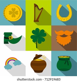 Irish celebration icon set. Flat style set of 9 Irish celebration vector icons for web design