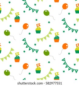 Irish celebration party seamless vector pattern. Cup cakes, buntings and balloons green and orange on white background.