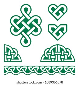 Irish Celtic braids and knots vector pattern set, Celtic hearts traditional design elements collection inspired by Celts art from Ireland. St Patrick's Day rope ornaments - old Irish folk art ornament