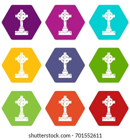 Irish celtic cross icon set many color hexahedron isolated on white vector illustration