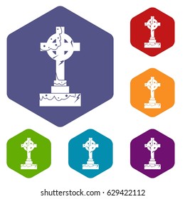 Irish celtic cross icons set hexagon isolated vector illustration