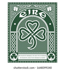 Irish Celtic design in vintage, retro style, and Celtic-style clover, illustration on the theme of St. Patricks day celebration, isolated on white, vector illustration