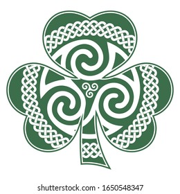 Irish Celtic design in vintage, retro style, Celtic-style clover. Irish symbol for the feast of St. Patrick, isolated on white, vector illustration