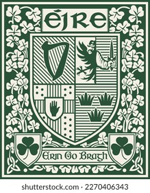 Irish Celtic design in vintage, retro style. Irish design with coat of arms of the provinces Connacht, Leinster, Munster and Ulster, isolated on white, vector illustration