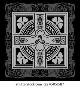 Irish Celtic design in vintage, retro style. Celtic style cross with ethnic knot ornament, isolated on black, vector illustration