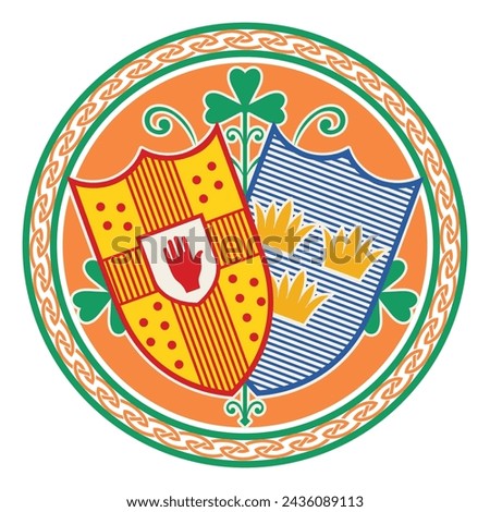 Irish Celtic design in vintage, retro style. Irish design with coat of arms of the provinces Munster and Ulster, isolated on white, vector illustration