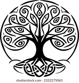 Irish Celtic tree of life, black vector ornament isolated on white background, symbol, pattern, tattoo