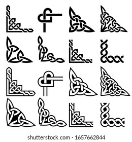 Irish Celtic vector corners design set, braided frame patterns - greeting card and invititon design elements. Retro Celtic collection of corners in black and white, traditional ornaments from Ireland 