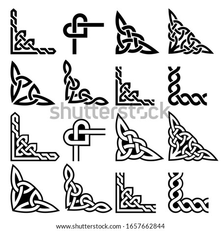 Irish Celtic vector corners design set, braided frame patterns - greeting card and invititon design elements. Retro Celtic collection of corners in black and white, traditional ornaments from Ireland  Foto d'archivio © 