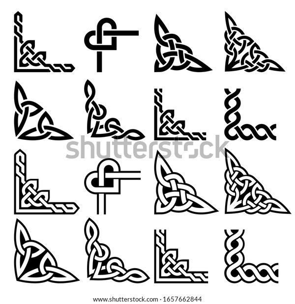 Irish Celtic vector corners design set, braided frame\
patterns - greeting card and invititon design elements. Retro\
Celtic collection of corners in black and white, traditional\
ornaments from Ireland 