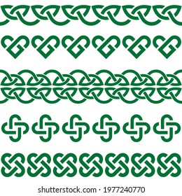 Irish Celtic vector green knots and braids - seamless patterns collection, border and frame design, perfect for greeting cards, St Patrick's Day celebration. Retro Celtic collection of braided art