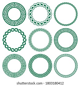 Irish Celtic vector mandala design set, green braided round patterns - perfect for greeting card and invititon background, St Patrick's Day design. Old Celtic borders pattern collection 