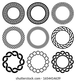 Irish Celtic vector mandala frame set, braided round pattern - greeting card and invititon background, St Patrick's Day design. Retro Celtic black and white borders pattern collection isolated 