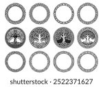 Irish Celtic vector round frame set, braided mandala pattern - greeting card and invitation background, St Patrick s Day ornament. Retro Celtic black and white borders pattern collection isolated