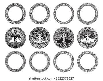 Irish Celtic vector round frame set, braided mandala pattern - greeting card and invitation background, St Patrick s Day ornament. Retro Celtic black and white borders pattern collection isolated