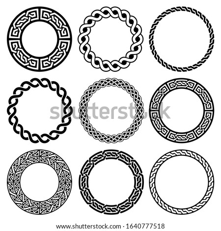Irish Celtic vector round frame set, braided mandala pattern - greeting card and invititon background, St Patrick's Day ornament. Retro Celtic black and white borders pattern collection isolated  Foto d'archivio © 