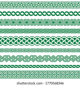Irish Celtic vector seamless border green pattern set, braided frame designs for greeting cards, St Patrick's Day celebration. Retro Celtic collection of braided ornaments on white background