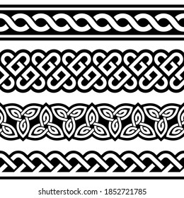 Irish Celtic vector seamless vector braided design set with hearts and knots, perfect for greeting cards, St Patrick's Day celebration. Traditional collection of ornaments in black and white inspired 