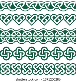 Irish Celtic vector seamless vector braided green patterns collection, border and frame design, perfect for greeting cards, St Patrick's Day celebration. Retro Celtic collection of braided ornaments