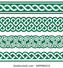 Irish Celtic vector seamless vector braided design set with hearts and knots, perfect for greeting cards, St Patrick's Day celebration. Traditional collection of ornaments in green and white 