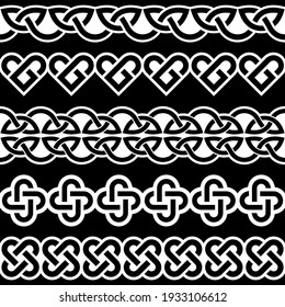 Irish Celtic vector seamless vector braided white patterns collection on black background, border and frame design, perfect for greeting cards, St Patrick's Day celebration. Retro Celtic design