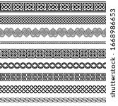 Irish Celtic vector seamless vector pattern set, border and frame collection, braided ornaments for greeting cards, St Patrick's Day celebration. 
Retro Celtic collection of braided ornaments in black