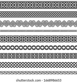 Irish Celtic vector seamless vector pattern set, border and frame collection, braided ornaments for greeting cards, St Patrick's Day celebration. 
Retro Celtic collection of braided ornaments in black