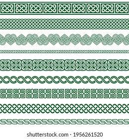 Irish Celtic vector seamless vector pattern set, border and frame collection, green braided ornaments for greeting cards, St Patrick's Day celebration. Retro Celtic collection of braided designs,