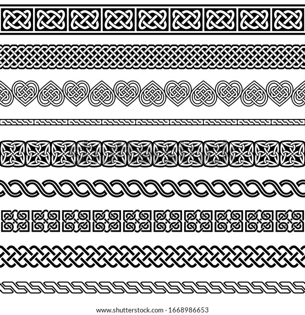 Irish Celtic vector seamless vector pattern set,\
border and frame collection, braided ornaments for greeting cards,\
St Patrick\'s Day celebration. \
Retro Celtic collection of braided\
ornaments in black