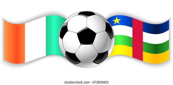 Irish and Central African wavy flags with football ball. Ireland combined with Central African Republic isolated on white. Football match or international sport competition concept.