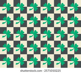 Irish clover checkered seamless pattern. Tree leaves traditional symbol of good luck, fortune. St.Patrick's spring celtic culture celebration. Cute vector illustration background