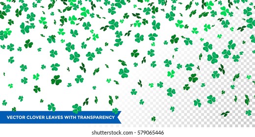 Irish Clover Leaves Pattern For Saint Patrick's Day On Transparent Vector Shamrock Background.