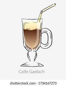 Irish coffee cocktail. Alcoholic caife gaelach brown cocktail with cream based hot black coffee irish whiskey brown sugar whipped cream served in modern glass category modern classic.