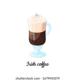 Irish Coffee cocktail consisting of hot coffee, Irish whiskey, and topped with cream in cartoon style for menu, cocktail cards. Classic alcoholic coffee cocktail with cream.