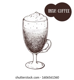 Irish coffee cup sketch. Hand drawn illustration. Engraved vector illustration. Irish coffee glass.