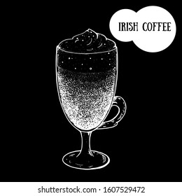 Irish coffee cup sketch. Hand drawn illustration. Engraved vector illustration. Irish coffee glass.