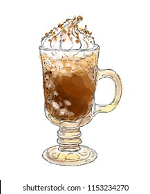 Irish coffee, a glass of cappuccino. Hand drawing, sketch on a white background