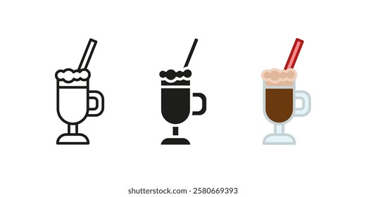 Irish coffee icon. Classic cocktail vector illustration. Hot whiskey caffeine beverage symbol. Espresso drink with foam sign. Bar latte mug concept. Coffee cocktail with straw and foam pictogram.