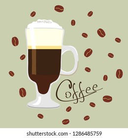 
Irish coffee on 
irish glass, coffee beans and hand drawn coffee word. Vector illustrattion