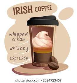 Café irlandês em xícara de papel com grãos de café. Café com creme e uísque. Ilustração vetorial para faixa, site, cartaz, menu. Ilustração para café, casa de café, bar, conceito de comida, receita