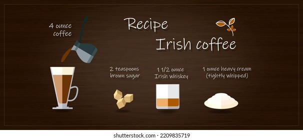 Receta irlandesa de café sobre fondo de madera texturada. Ingredientes de la crema de coñac con azúcar de café. Ilustración del vector