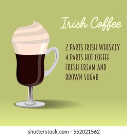 Irish coffee vector illustration with ingredients on green background