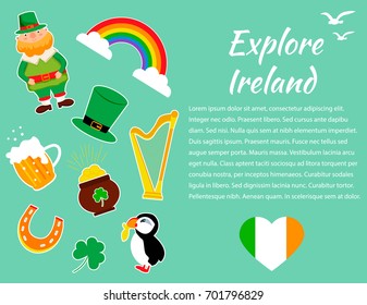 Irish concept background. Set of illustrations of Irish drinks, costumes, traditional symbols, musical instruments, nature, symbols.