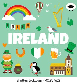 Irish concept background. Set of illustrations of Irish drinks, costumes, traditional symbols, musical instruments, nature, symbols.