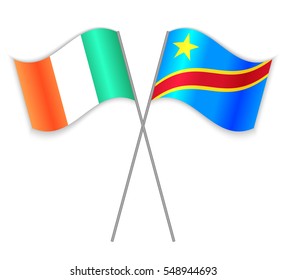 Irish and Congolese crossed flags. Ireland combined with Democratic Republic of the Congo isolated on white. Language learning, international business or travel concept.