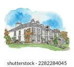 Irish Country House Hotel, Grand Estate, lawns, wedding venue. Watercolor sketch illustration. Isolate vector.