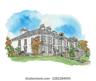 Hotel Irish Country House, Grand Estate, césped, lugar de celebración de bodas. Ilustración de esbozo de acuarela. Vector aislado.